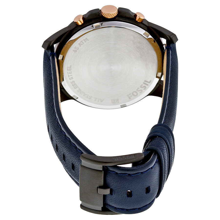 Fossil Grant chronograph watch caseback showing stainless steel back with engraved text and navy leather strap