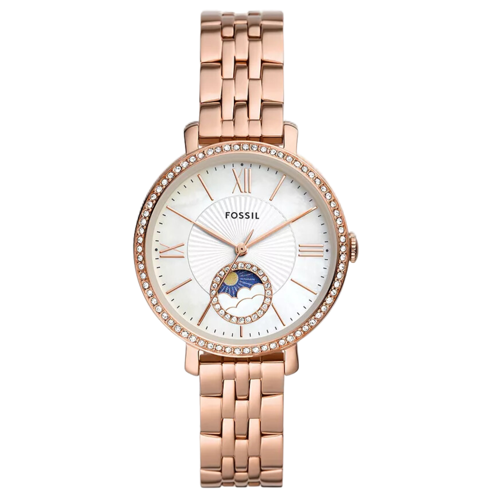 Fossil Jacqueline rose gold women's watch with sun-moon dial and crystal-set bezel
