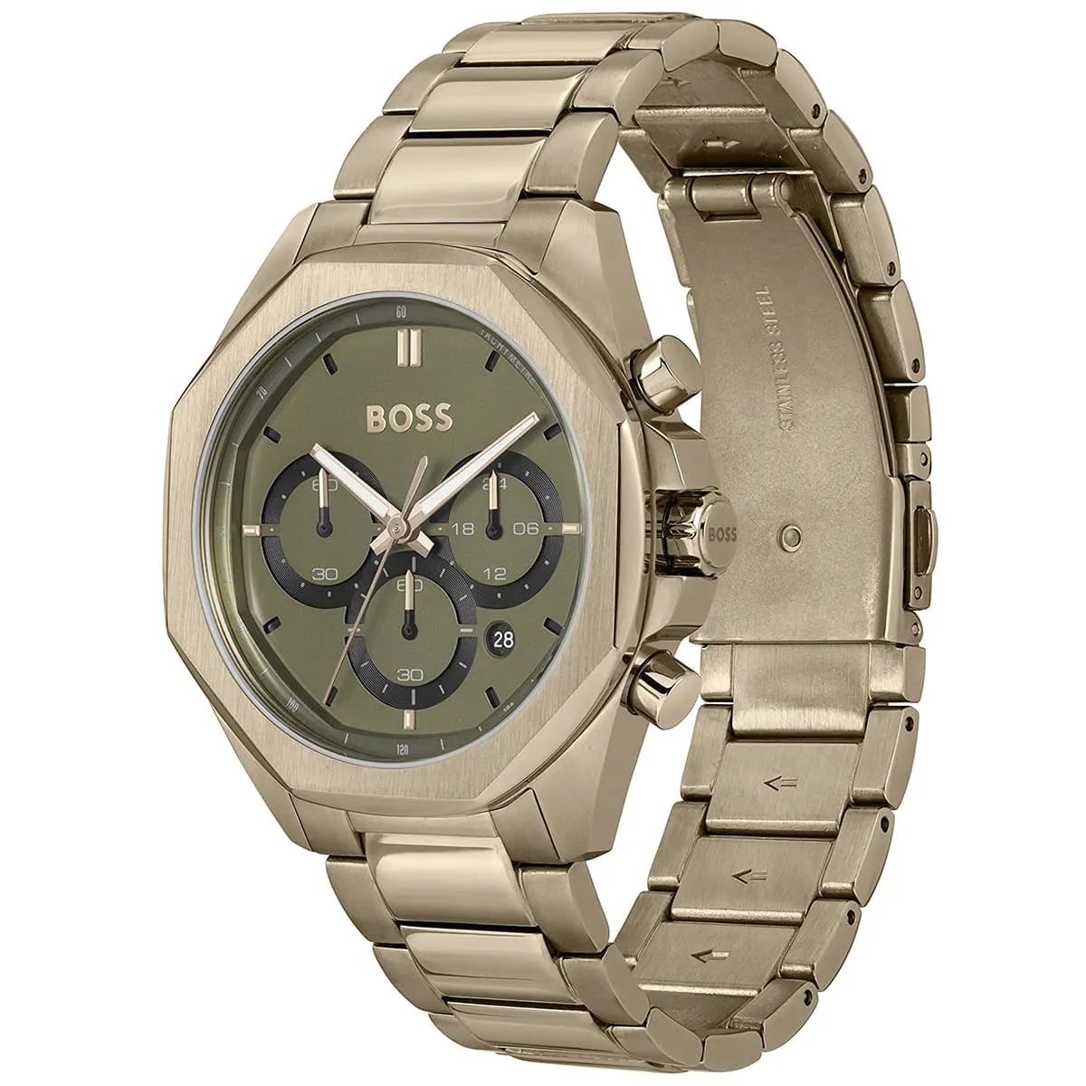 Hugo Boss 1514019 watch three-quarter view showing chronograph subdials and metal bracelet