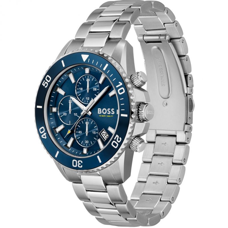 Hugo Boss Admiral chronograph watch from side angle showing stainless steel bracelet