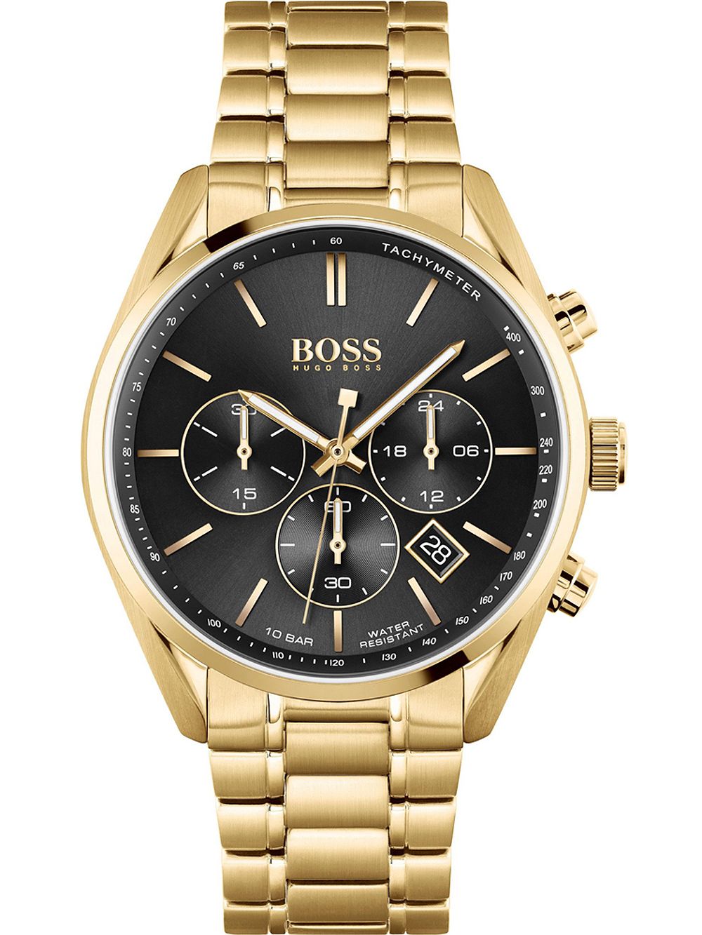 Hugo Boss Champion gold chronograph men's watch with black dial and three subdials