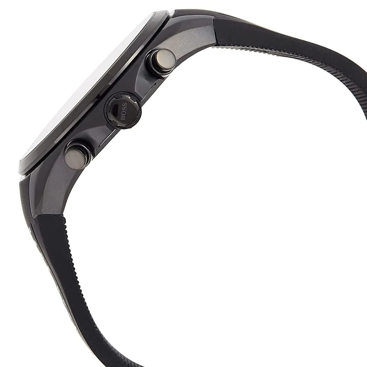 Side view of Hugo Boss Distinct watch showing chronograph pushers and black silicone strap