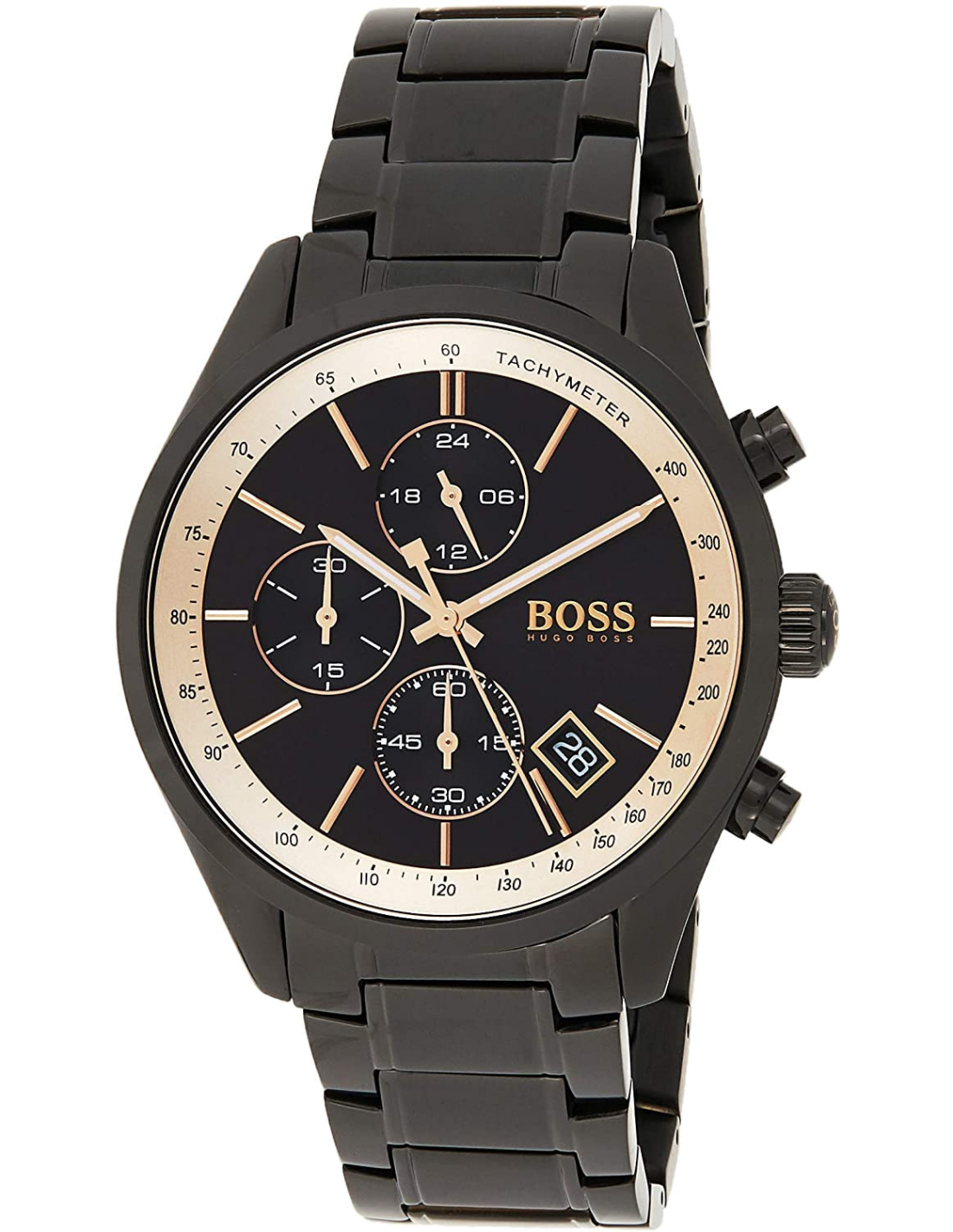 Side angle view of Hugo Boss Grand Prix chronograph showing black stainless steel bracelet and case profile