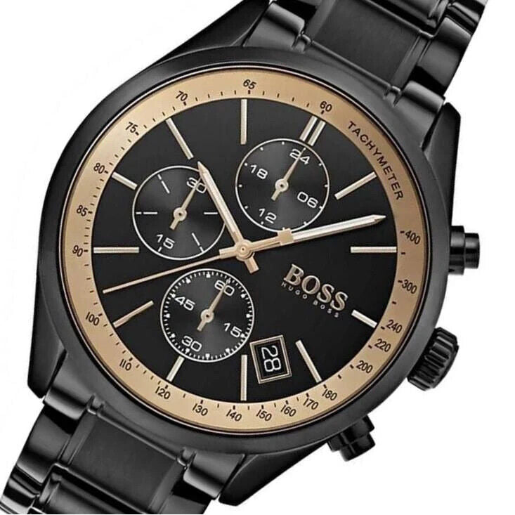 Hugo Boss Grand Prix chronograph watch displaying black dial with three subdials and rose gold bezel details
