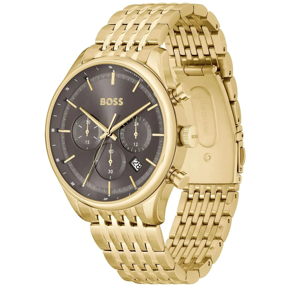 Hugo Boss Gregor chronograph watch angled side view showcasing gold bracelet and grey dial