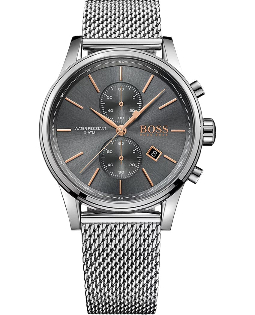Hugo Boss Jet chronograph men's watch with grey dial, rose gold accents, and silver mesh bracelet