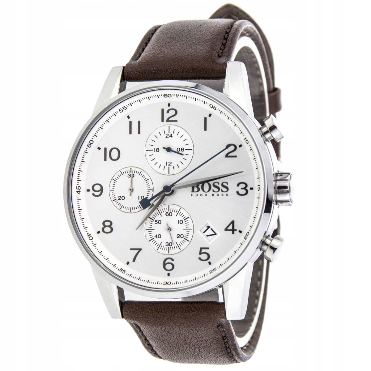 Hugo Boss Navigator chronograph watch displayed at angle showing white dial, brown leather strap, and stainless steel case