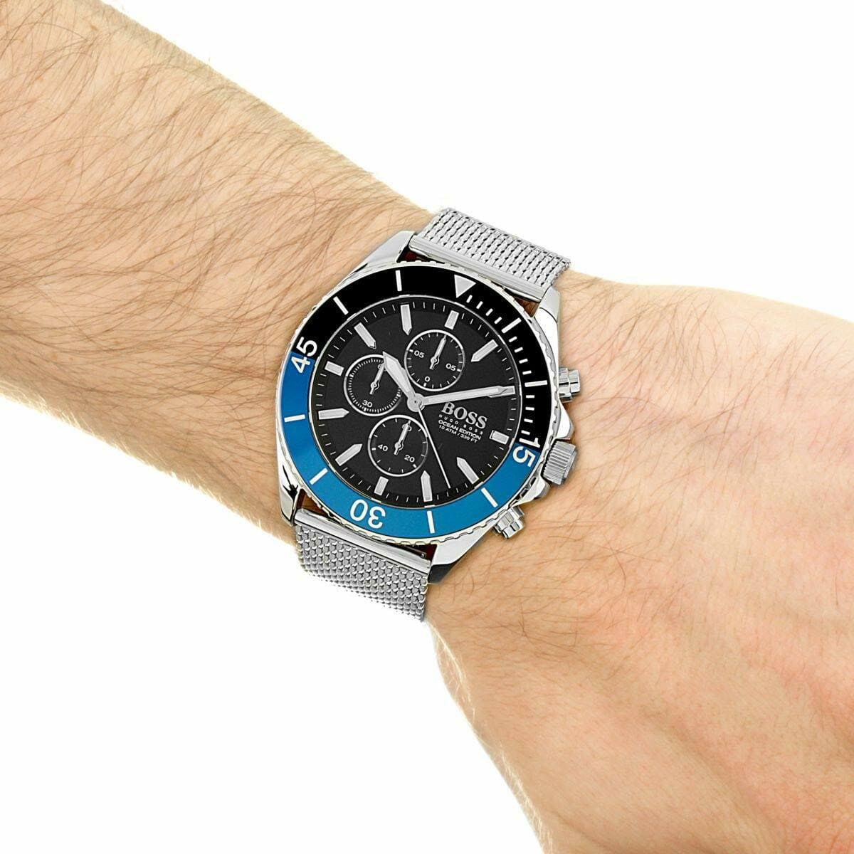 Hugo Boss Ocean Edition Chronograph Black Dial Silver Mesh Strap Watch for Men - 1513742 1513742 - Image 4