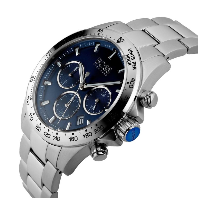 Side angle view of Hugo Boss chronograph with silver bracelet and blue dial
