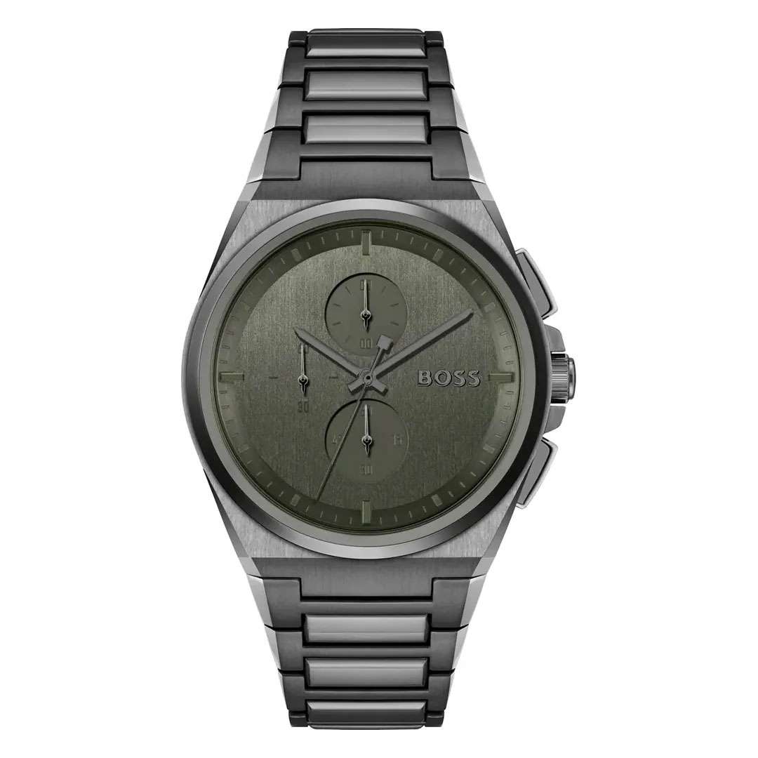 Hugo Boss Steer chronograph watch with grey dial and grey steel bracelet, front view
