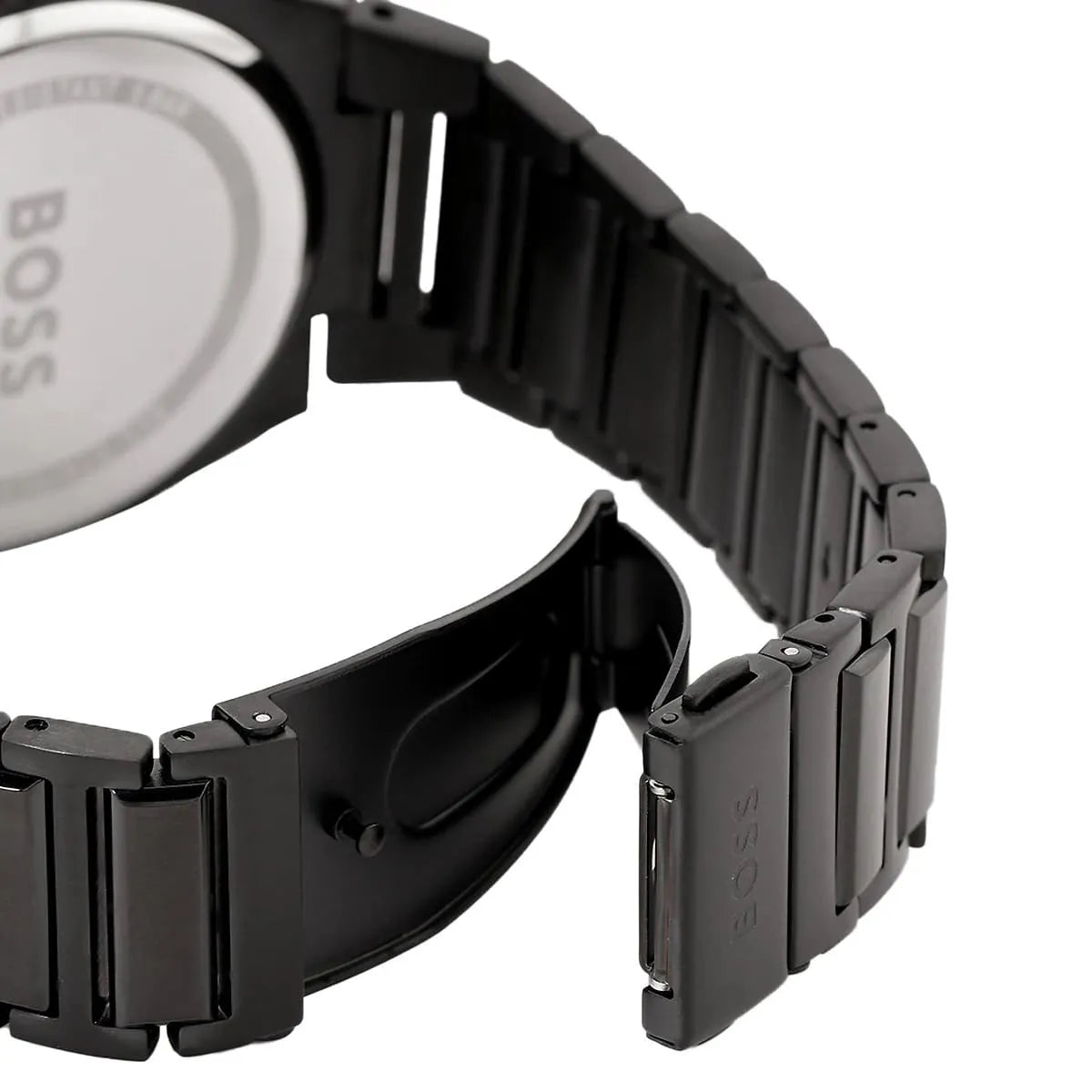 Hugo Boss Steer watch caseback showing stainless steel engraved case
