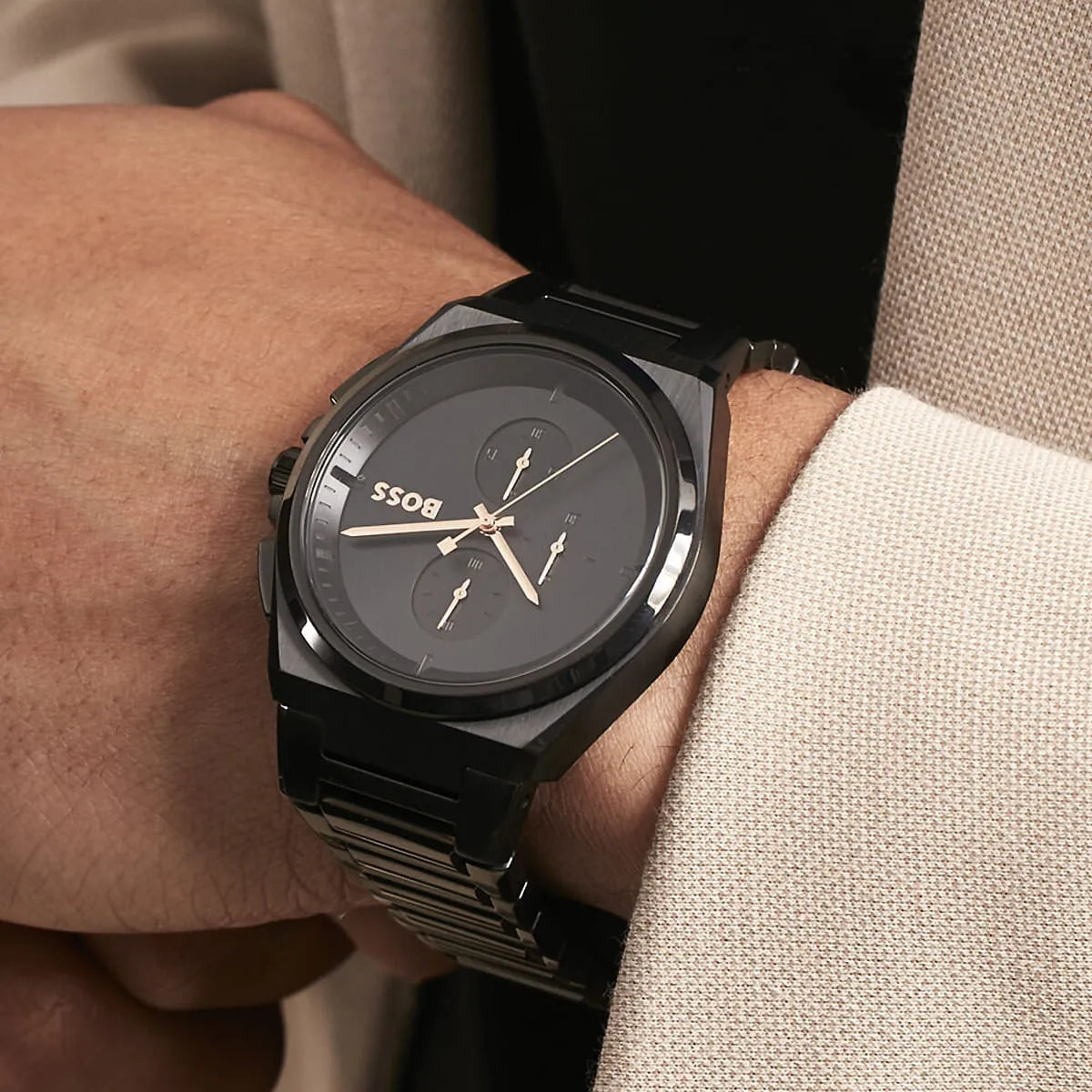Hugo Boss Steer chronograph watch worn on wrist with black dial and strap