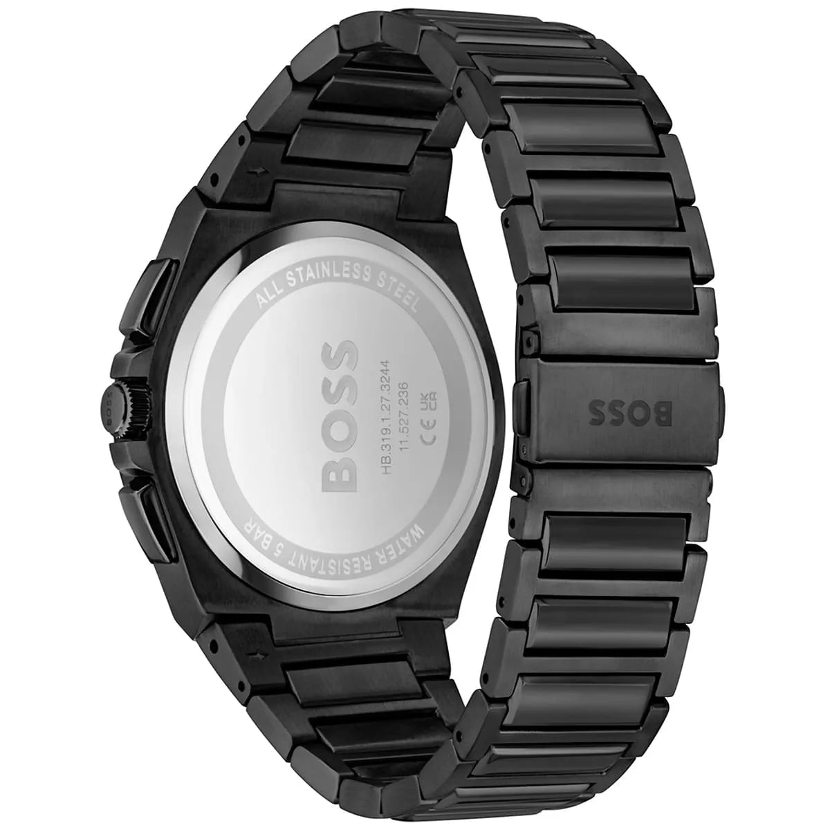 Hugo Boss Steer watch side view showing black metal bracelet and strap
