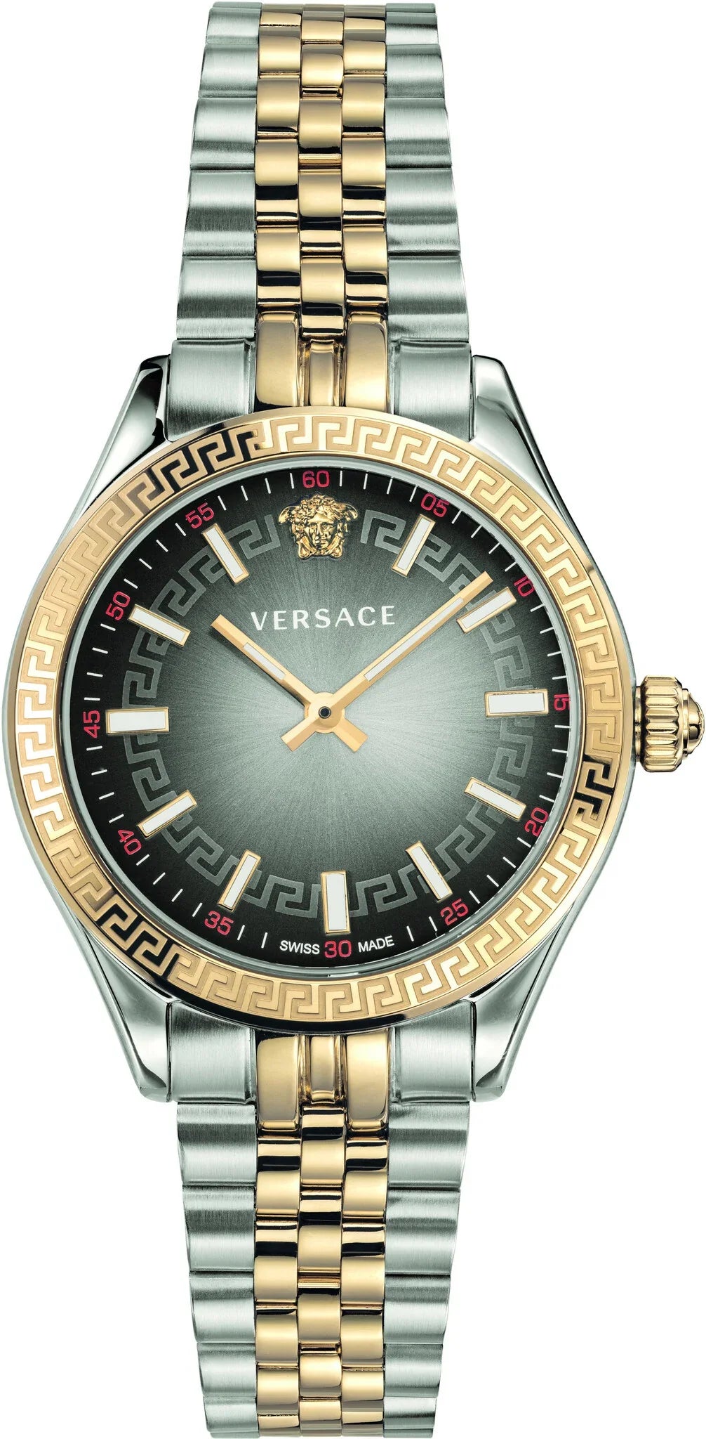Versace men's watch featuring a two-tone silver and gold metal bracelet, a gold-tone Greek key bezel, and a dark gray dial with gold hands and indices.