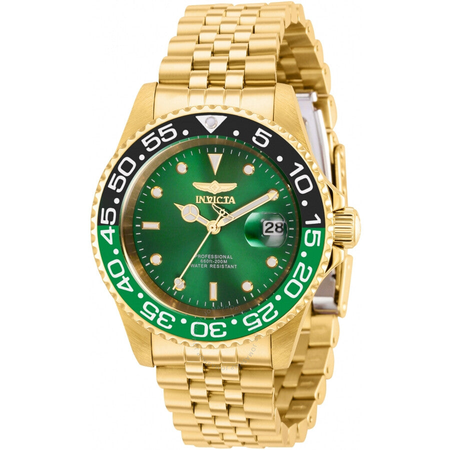 Invicta Pro Diver quartz watch with green dial, sprite bezel, and gold-tone case and bracelet