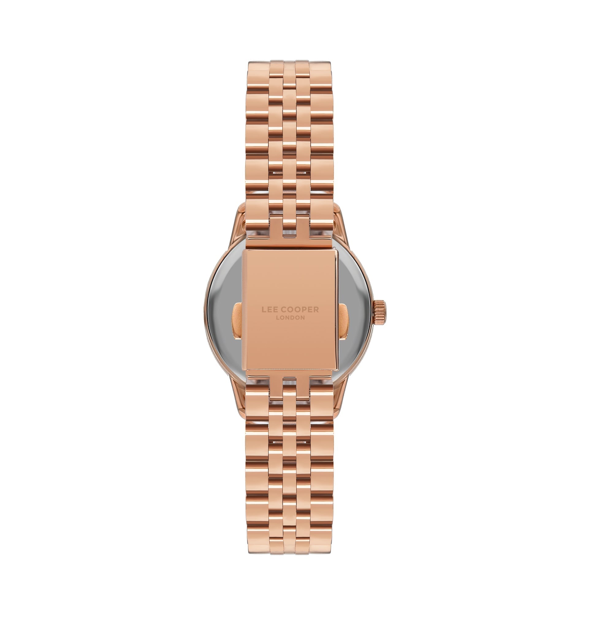 Watch caseback showing rose gold-tone stainless steel case with Lee Cooper branding