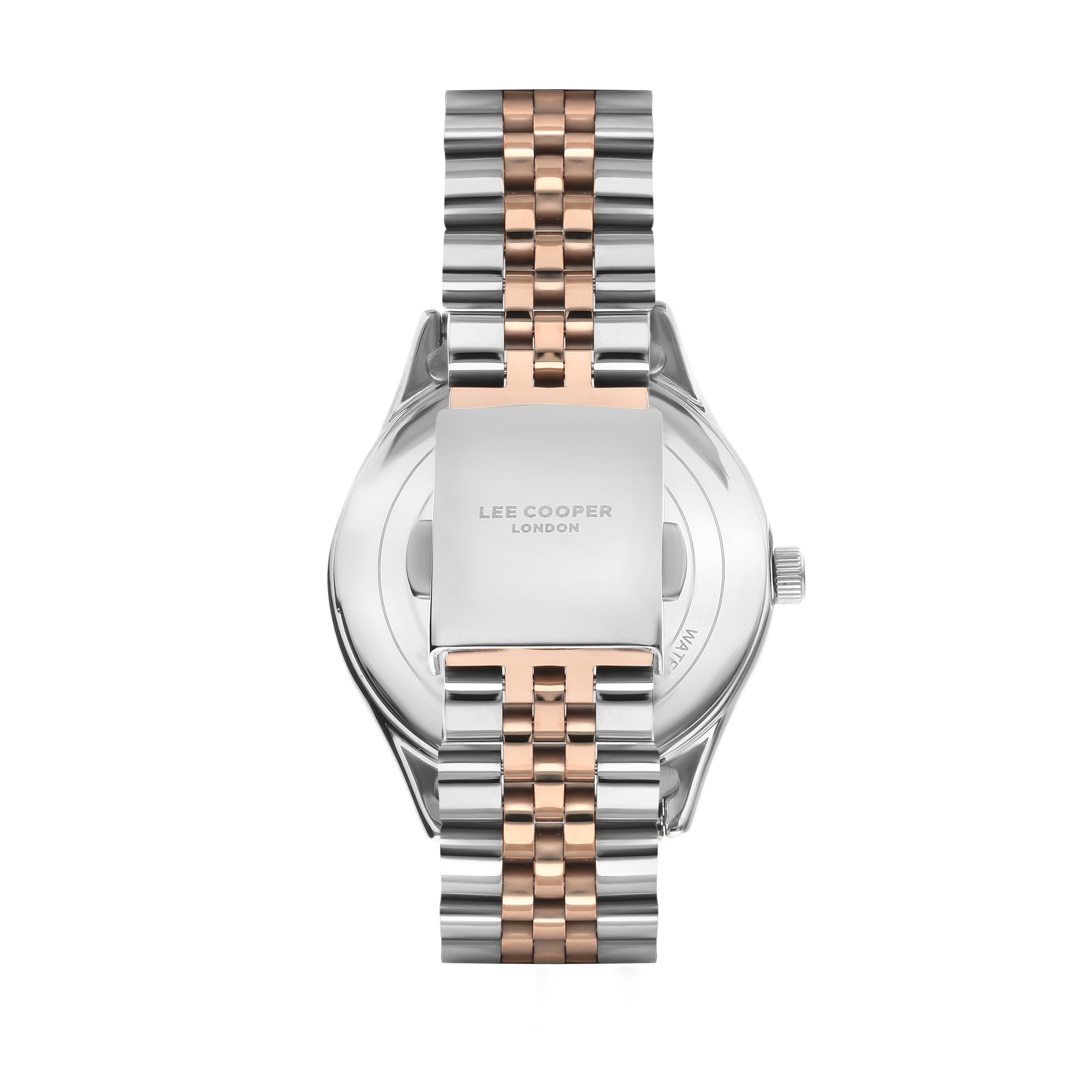 Lee Cooper watch caseback showing metal bracelet and silver case with rose gold accents