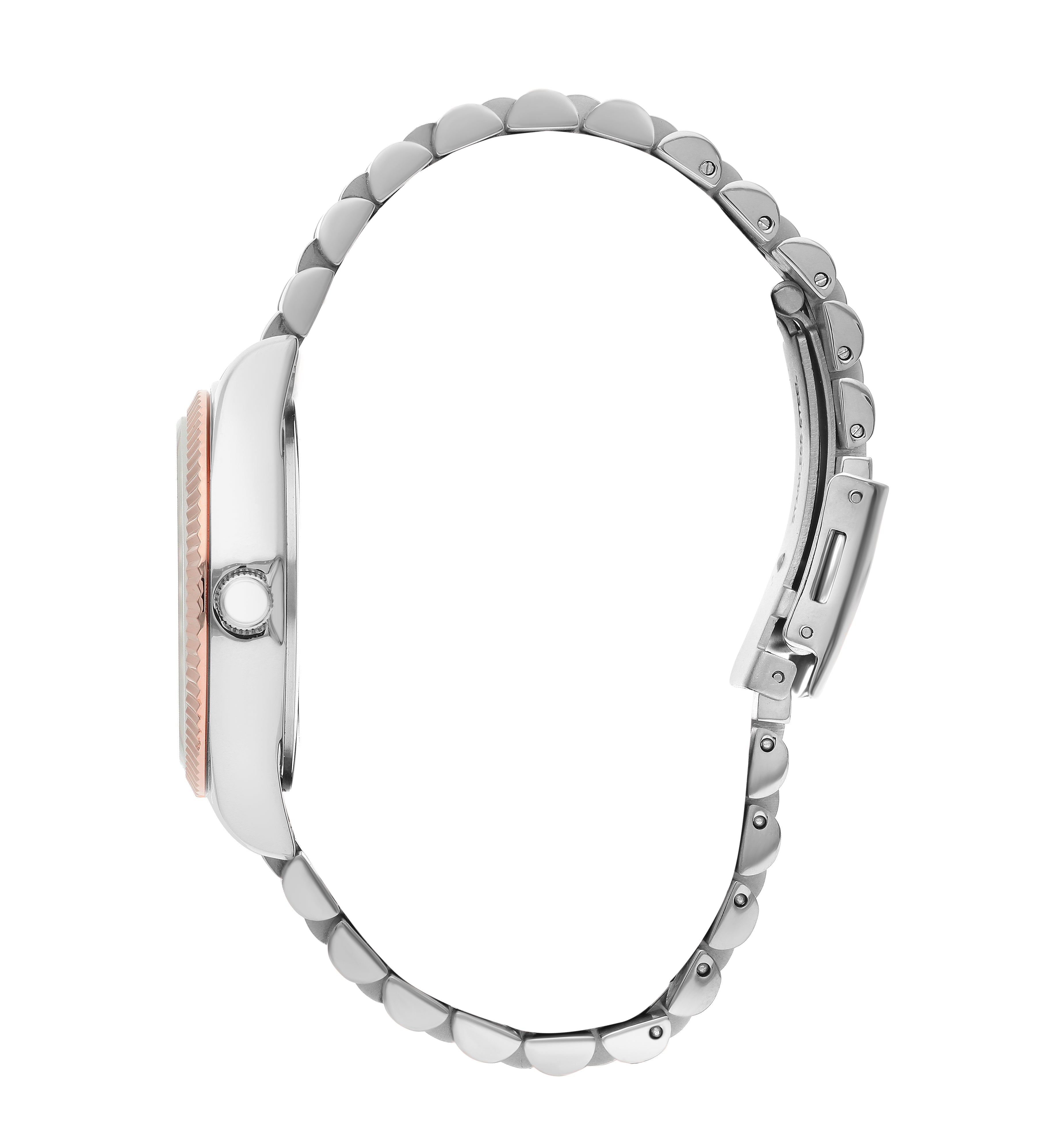 Lee Cooper watch side view showing two-tone metal bracelet with silver and rose gold links