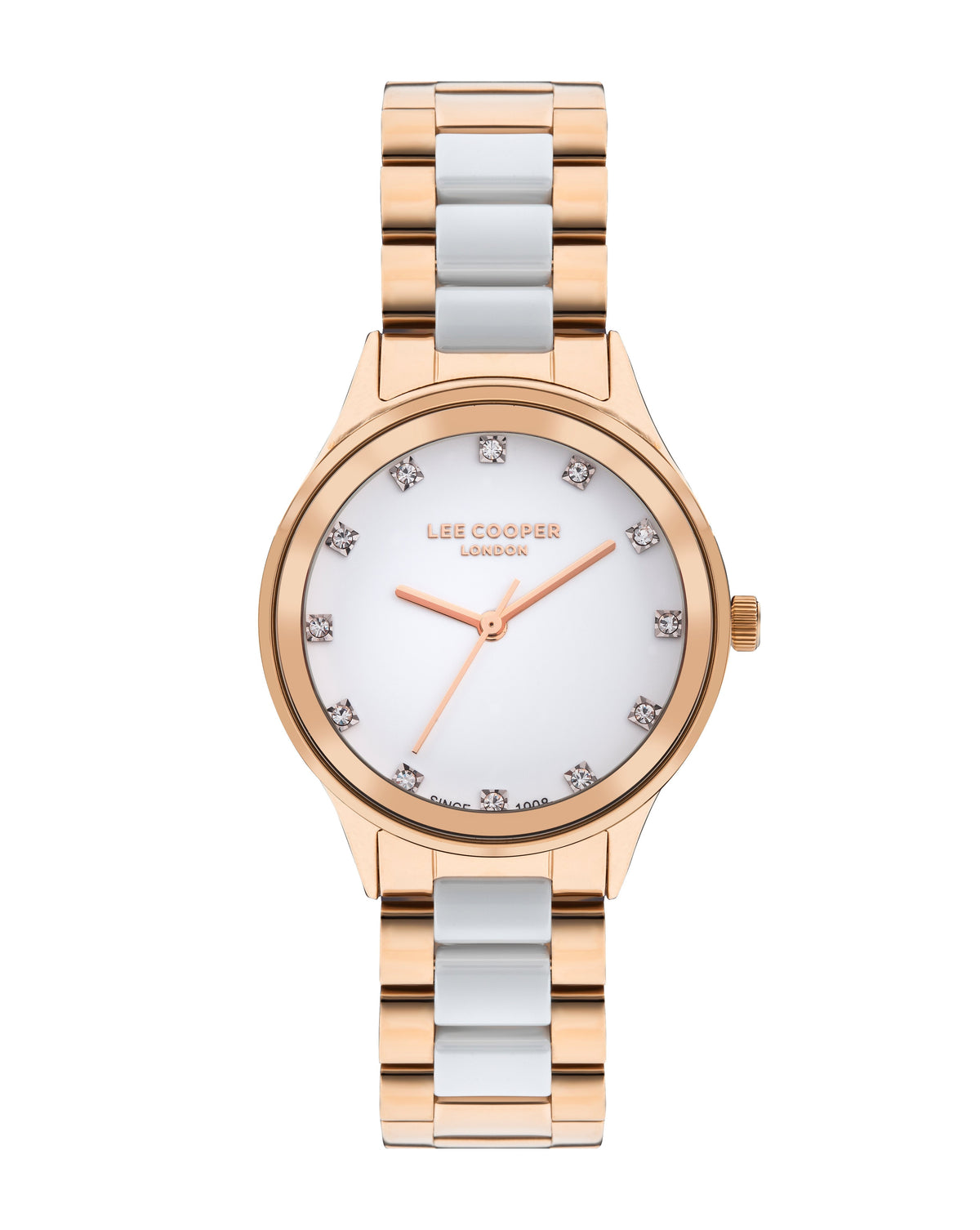 Lee Cooper Classic white MOP dial rose gold women's watch with mixed metal bracelet