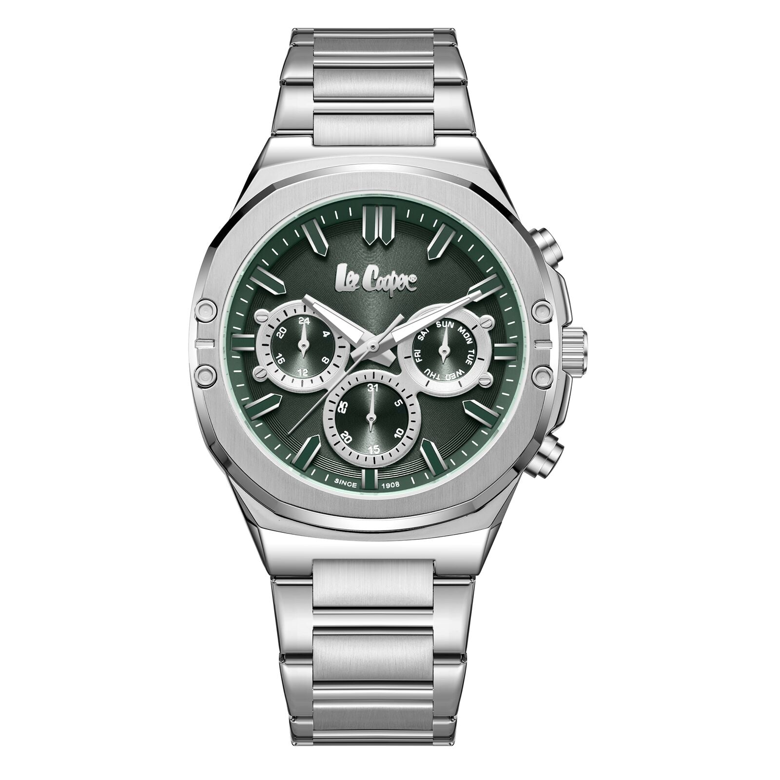 Lee Cooper LC07991.370 multifunction watch with green dial and silver stainless steel bracelet
