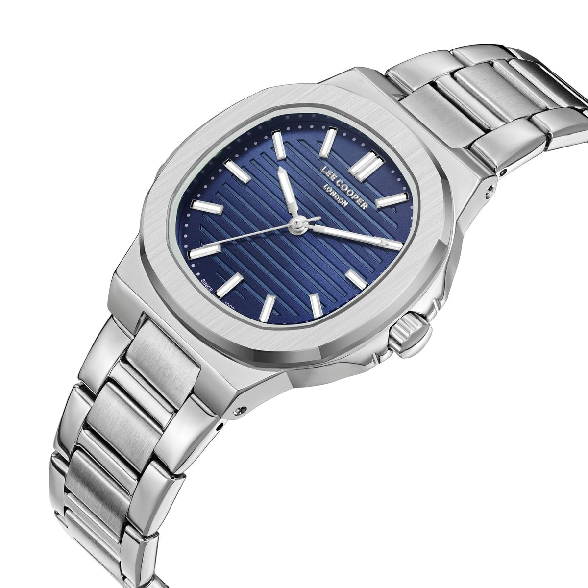 Lee Cooper LC08017.390 watch at angle showing silver bracelet and blue dial