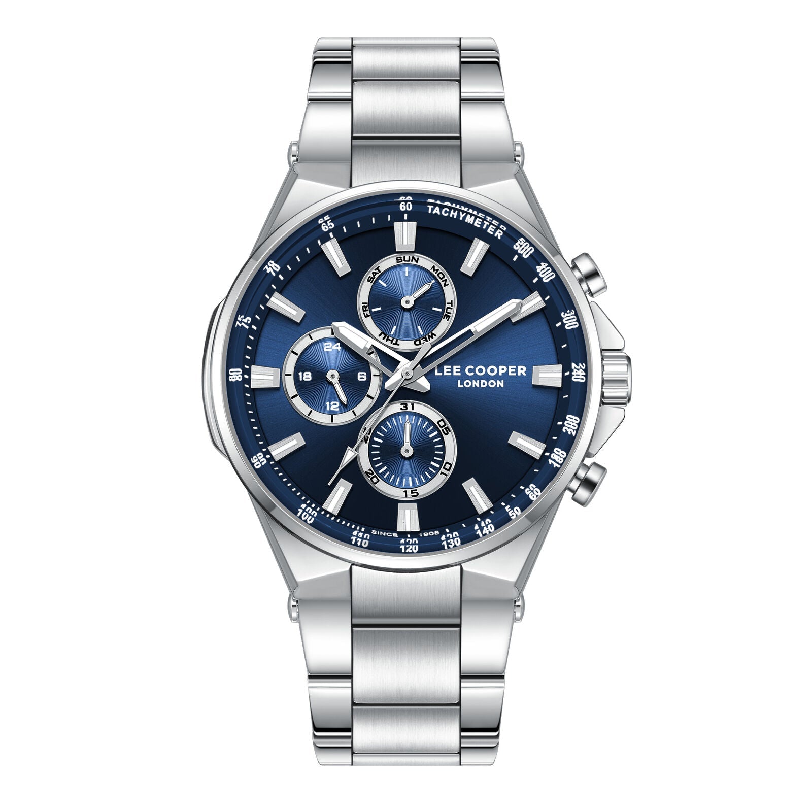 Lee Cooper Contemporary multifunction chronograph watch with blue dial and silver bracelet