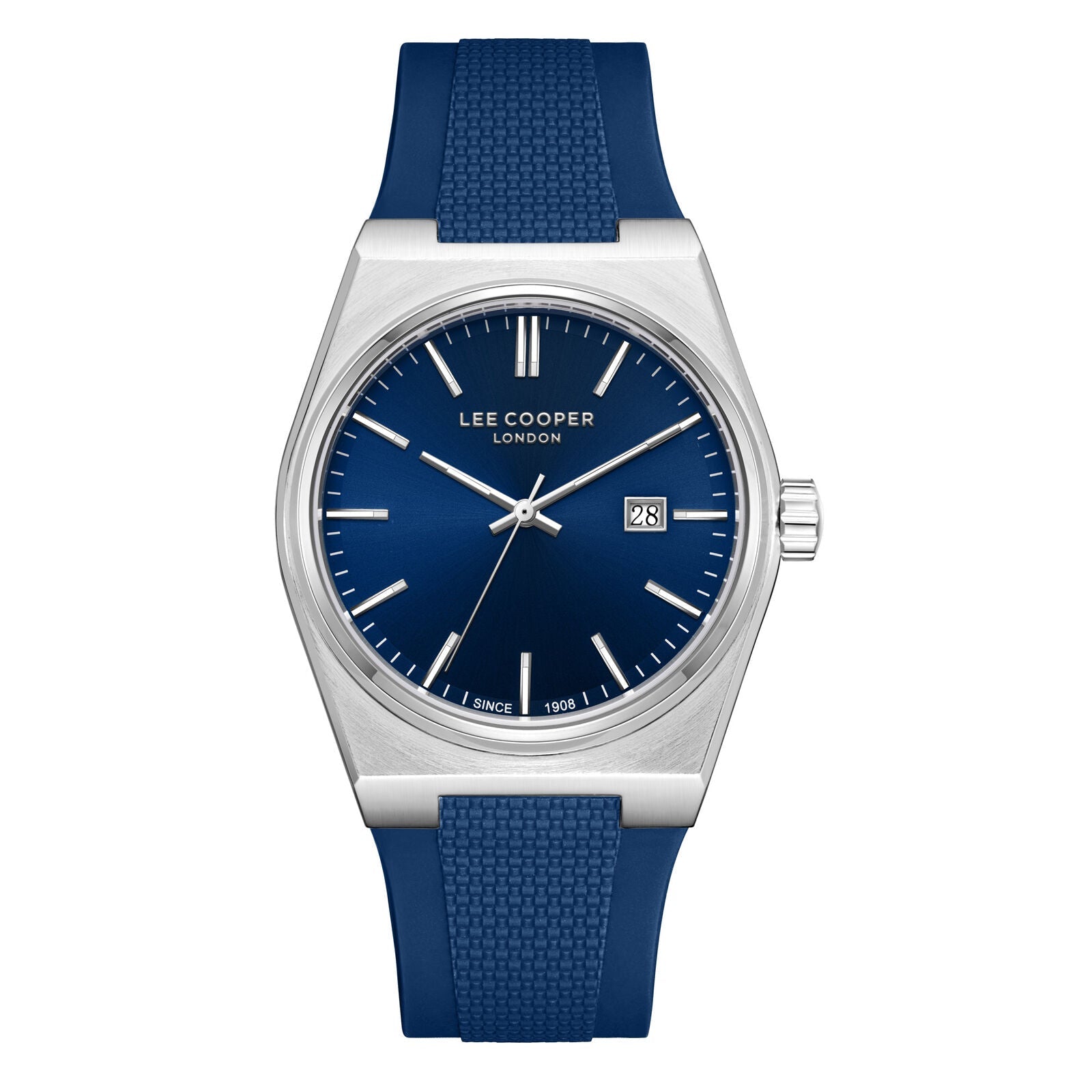 Lee Cooper Zane watch with blue dial, silver case, and blue silicone strap