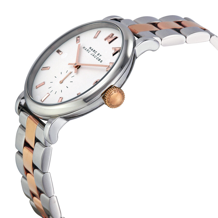 Marc by Marc Jacobs Baker MBM3312 side view with rose gold crown and two-tone stainless steel links