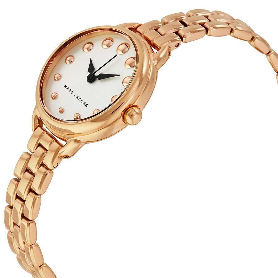 Marc Jacobs Betty watch side view showing white dial and rose gold bracelet