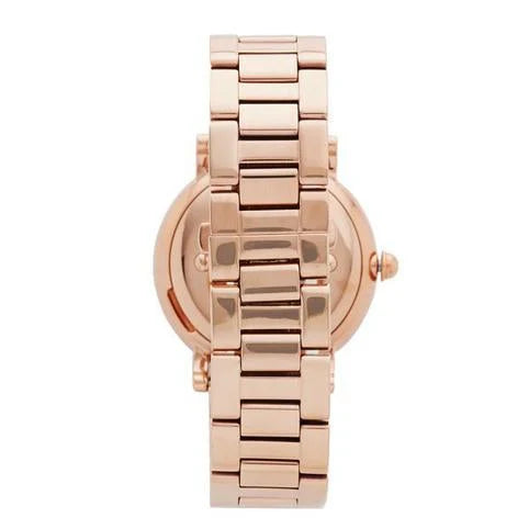 Marc Jacobs MJ3527 case back view showing rose gold stainless steel strap and case