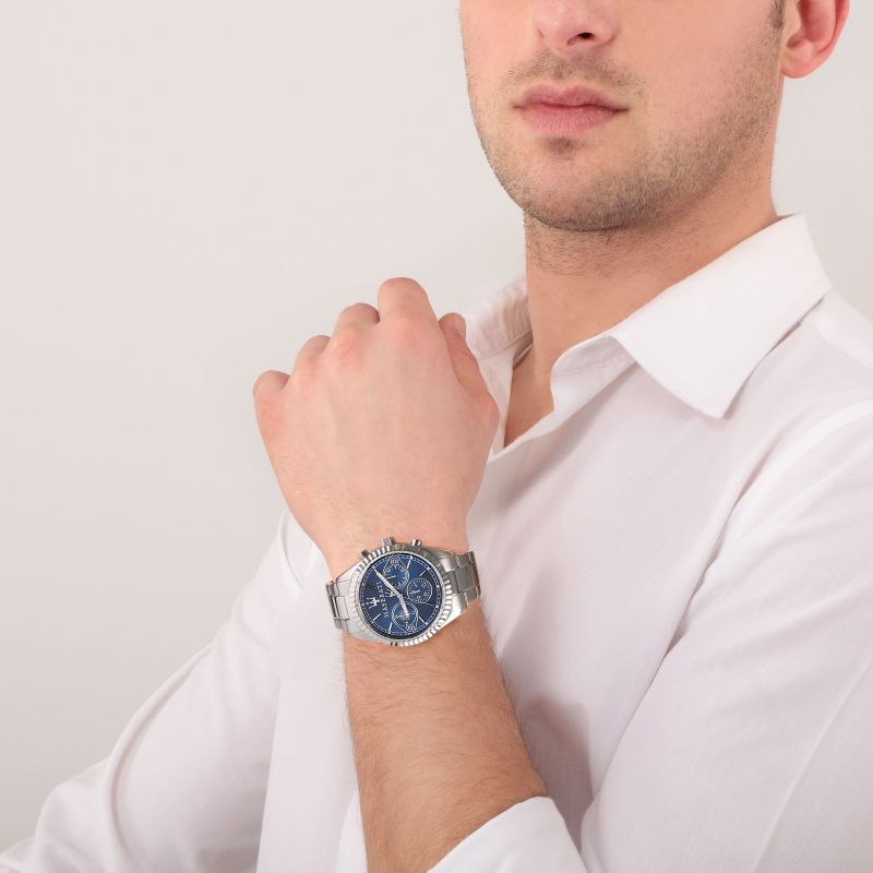 Maserati Competizione chronograph watch worn on wrist, blue dial visible