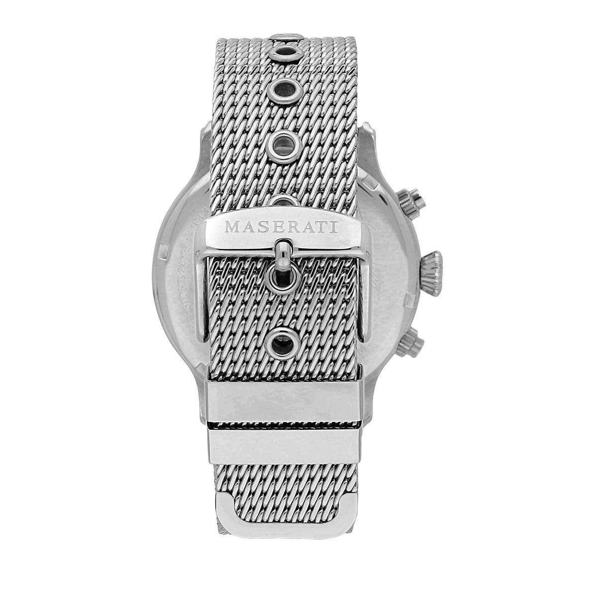 Caseback view of Maserati Epoca watch showing silver steel case and mesh strap attachment