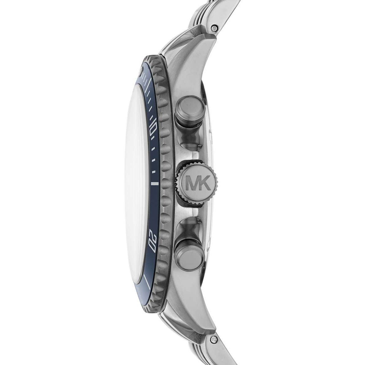 Side profile of Michael Kors Bayville watch showing blue bezel and stainless steel case