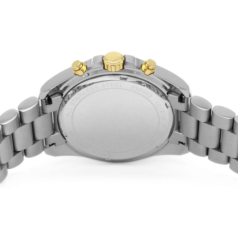 Michael Kors Bradshaw watch caseback detail showing stainless steel construction and bracelet