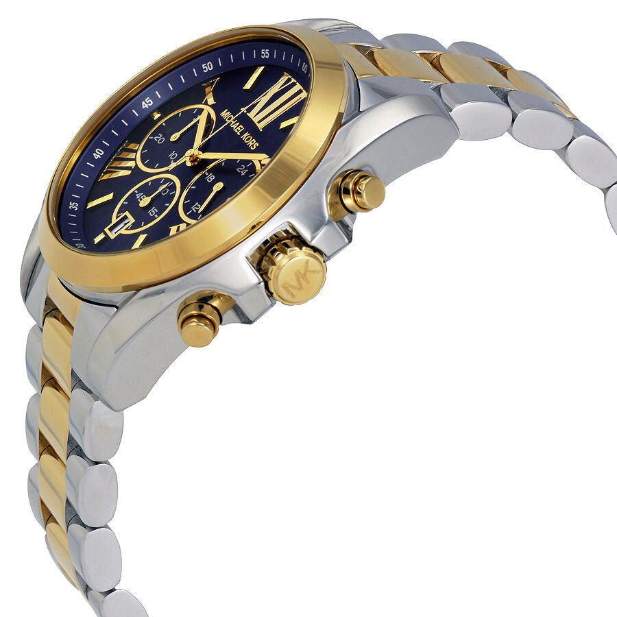 Side view of Michael Kors Bradshaw chronograph watch with blue dial and gold/silver bracelet