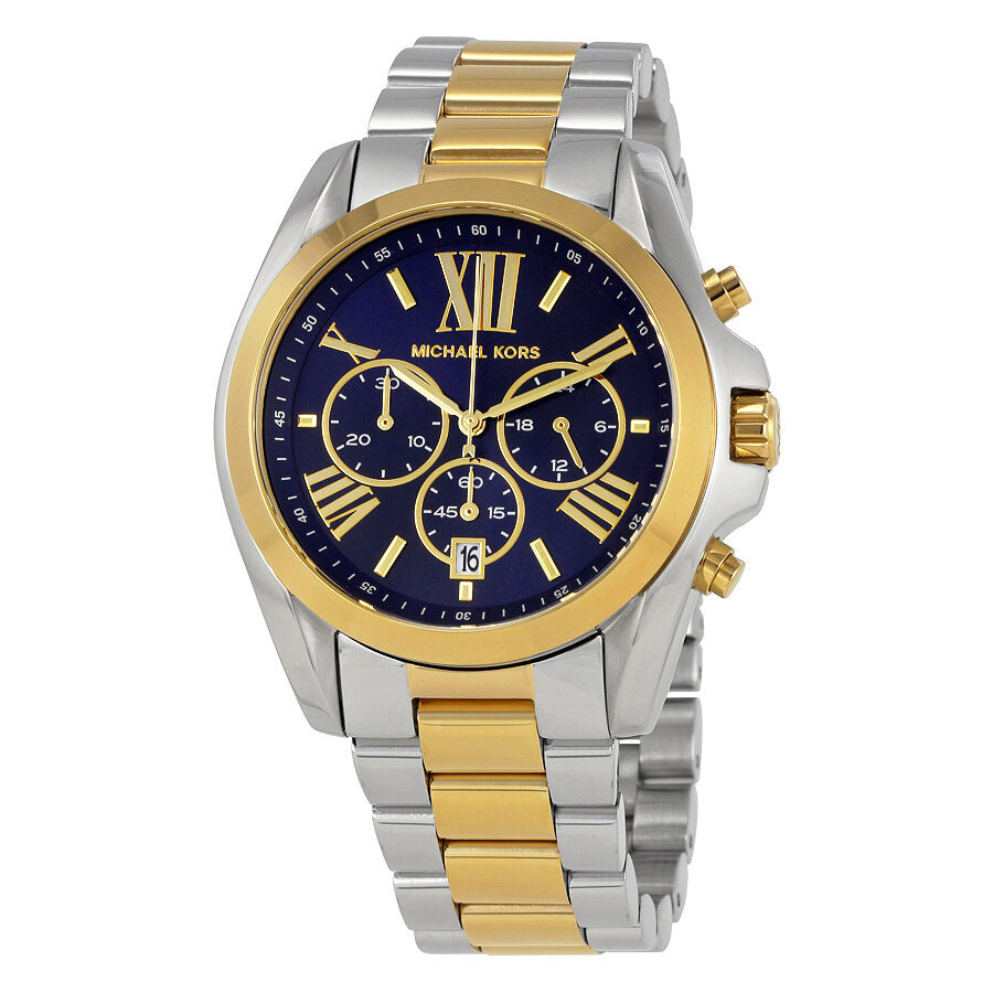 Michael Kors Bradshaw chronograph ladies watch with blue dial, gold-tone bezel, and two-tone bracelet