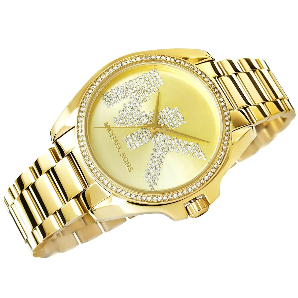 Angled view of Michael Kors Bradshaw watch displaying crystal bezel and gold-tone metal bracelet