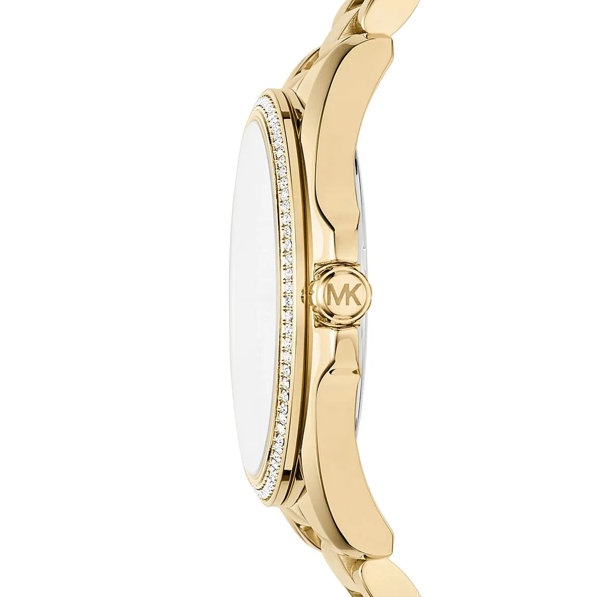 Side view of Michael Kors Bradshaw watch showing gold-tone case, crystal-set bezel, and metal bracelet