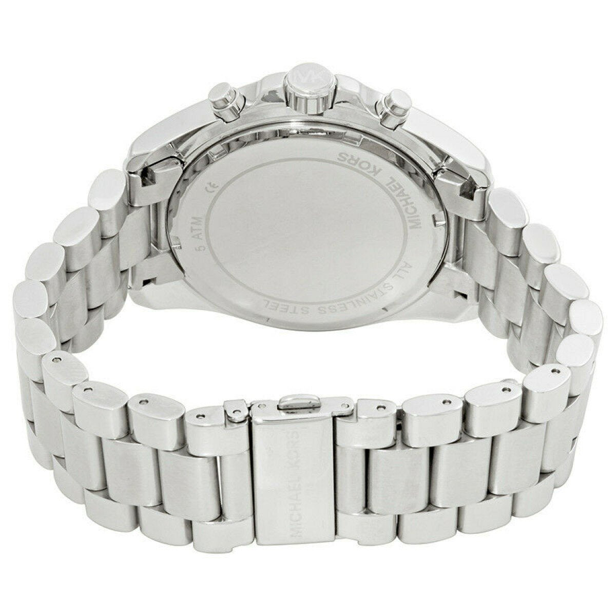 Caseback of Michael Kors Bradshaw watch with stainless steel link bracelet and deployment clasp