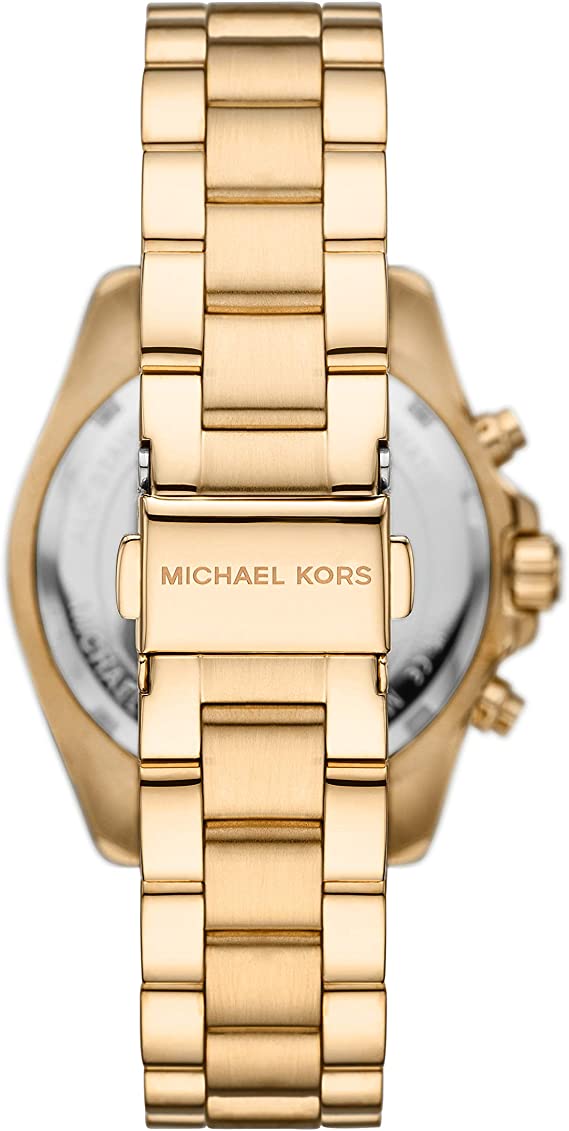Back view of Michael Kors Bradshaw watch showing case back and gold link bracelet