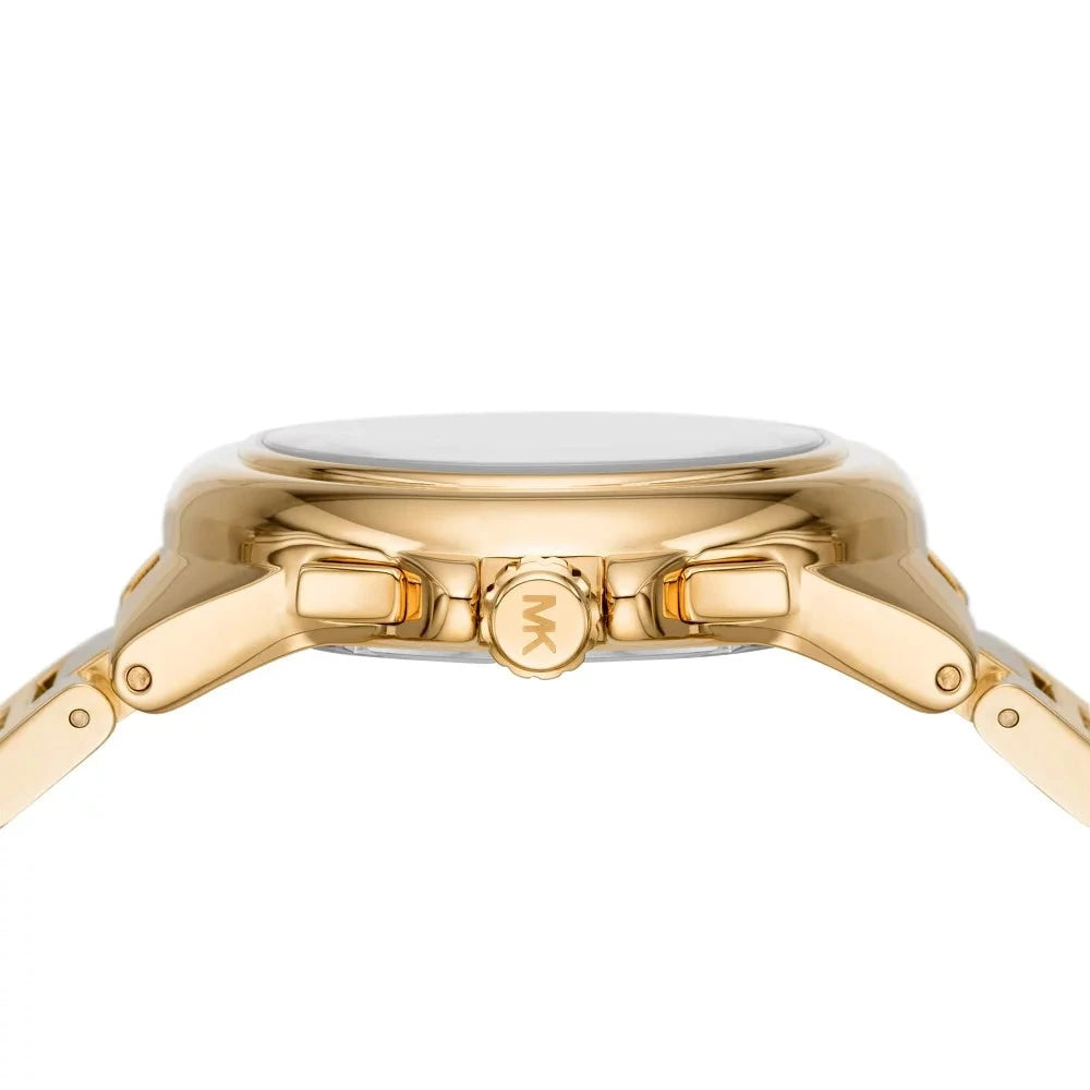 Gold-tone watch case and lugs shown from side view