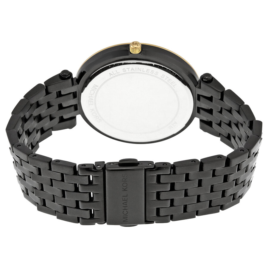 Back view of Michael Kors Darci watch showing black ion-plated bracelet and clasp closure