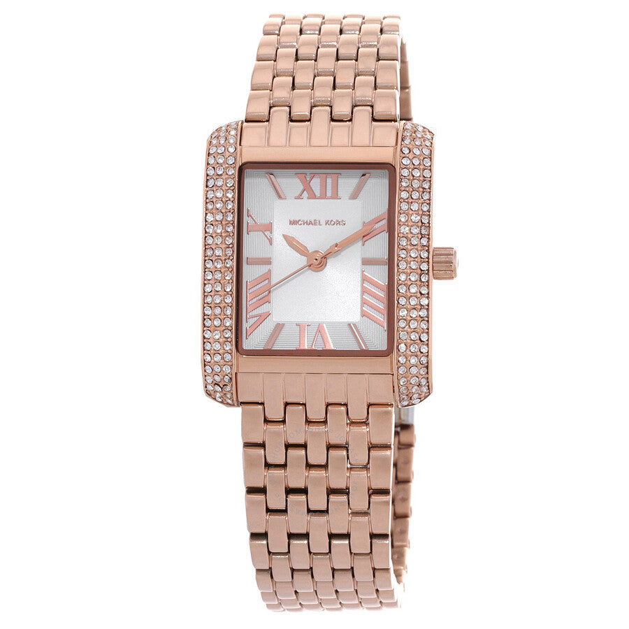 Michael Kors Emery Pavé rose gold-tone women's watch with crystal-set rectangular case and white dial