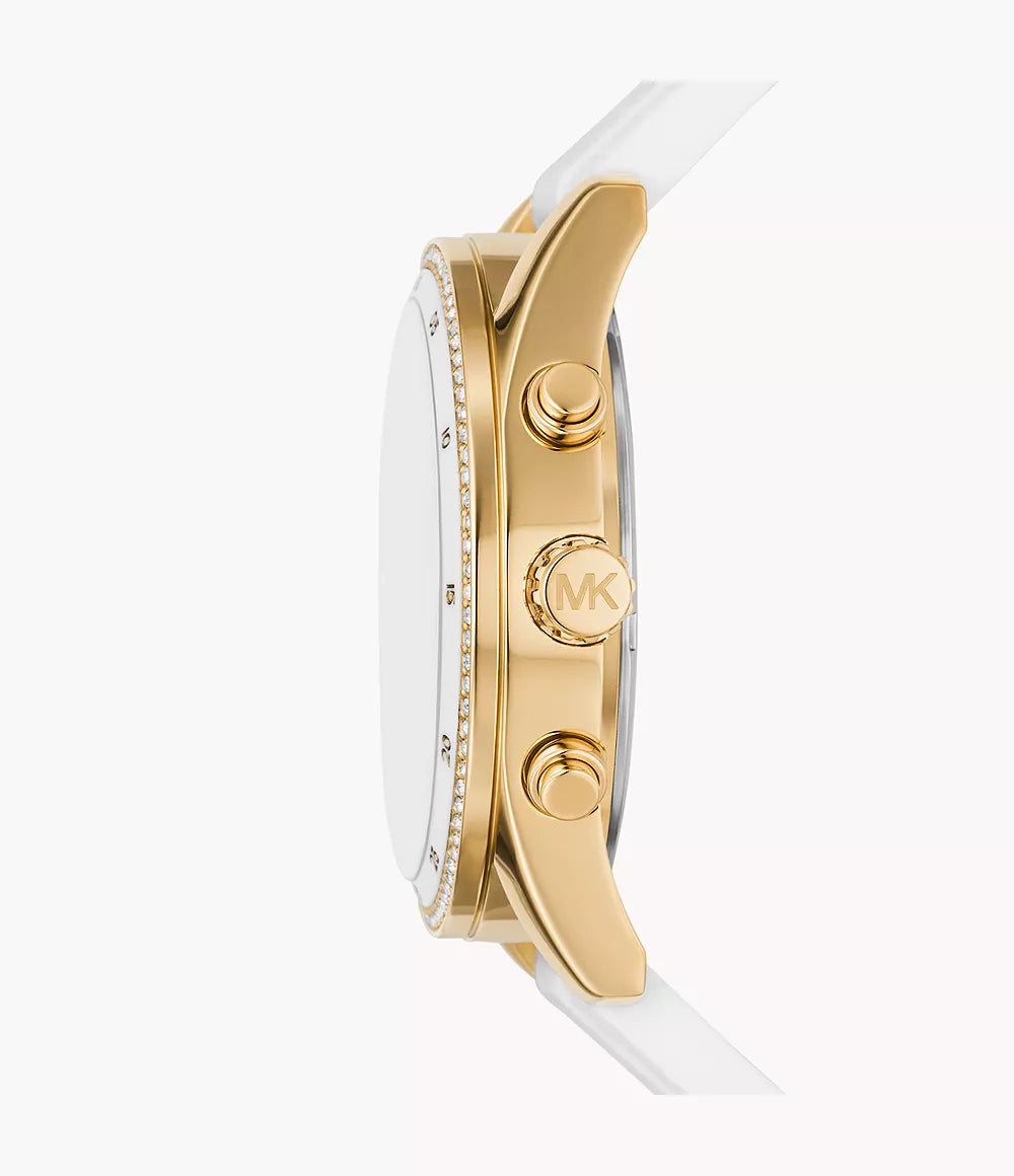 Side profile of Michael Kors Hadyn MK7484 showing gold-tone case and chronograph pushers