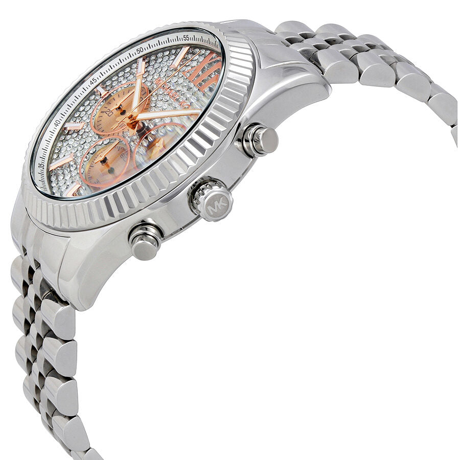 Michael Kors Lexington Chronograph watch at angle showing chronograph pushers, bezel detail, and stainless steel bracelet
