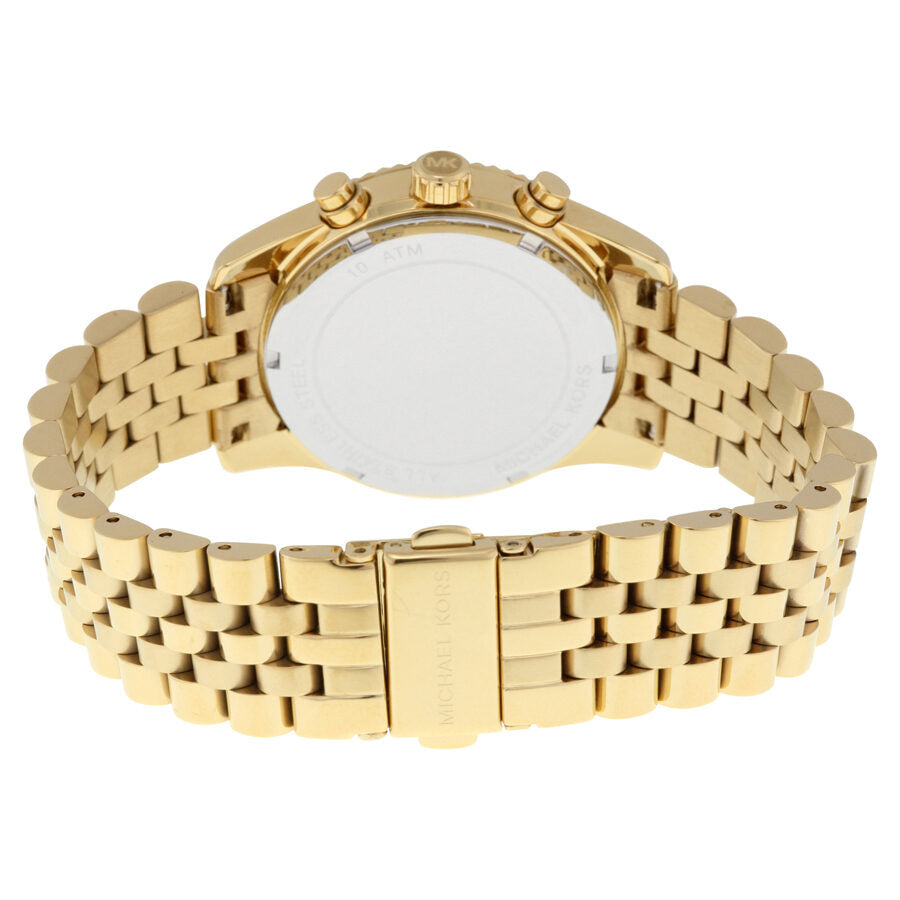 Michael Kors Lexington Chronograph caseback view with fold-over clasp bracelet