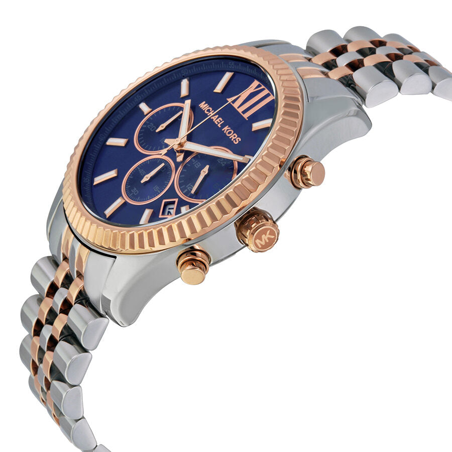 Michael Kors Lexington watch at angle showing rose gold case and two-tone bracelet