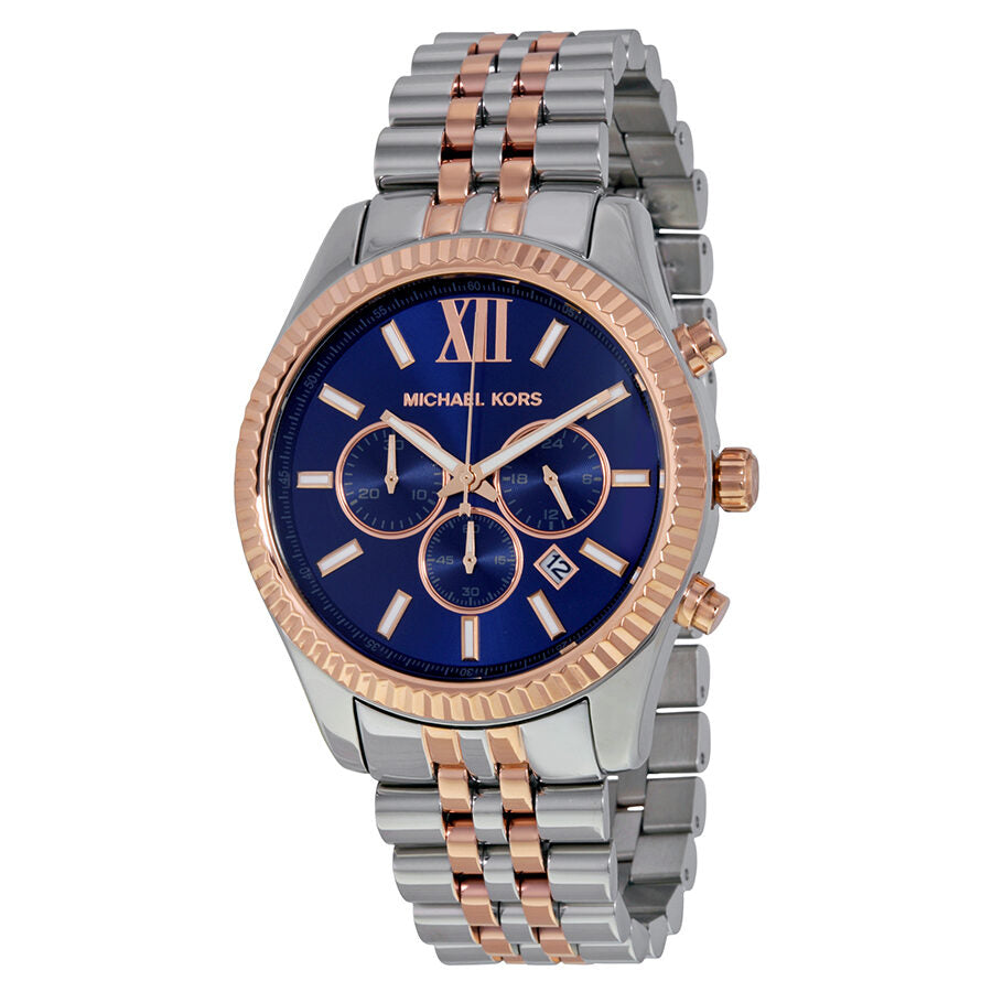 Michael Kors Lexington chronograph watch with navy dial and two-tone bracelet