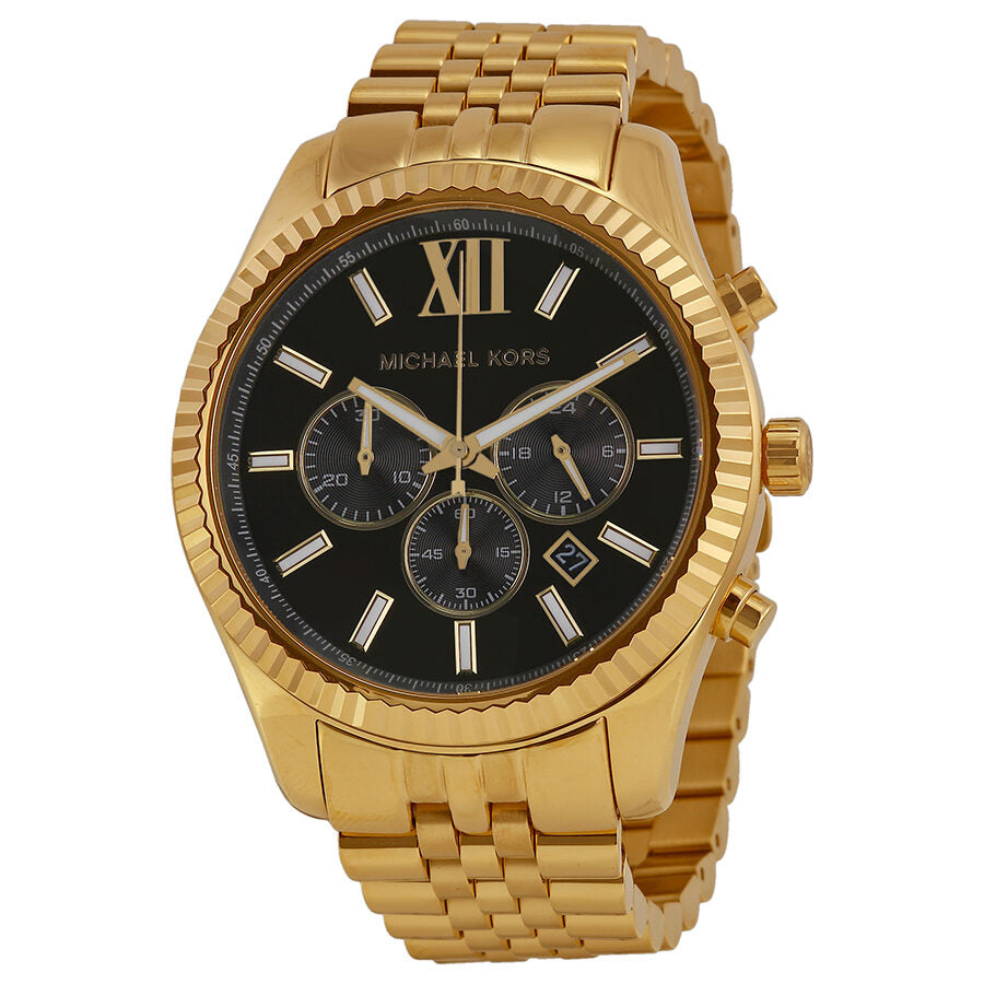 Michael Kors Lexington chronograph watch with gold tone case, black dial and Roman numeral indices
