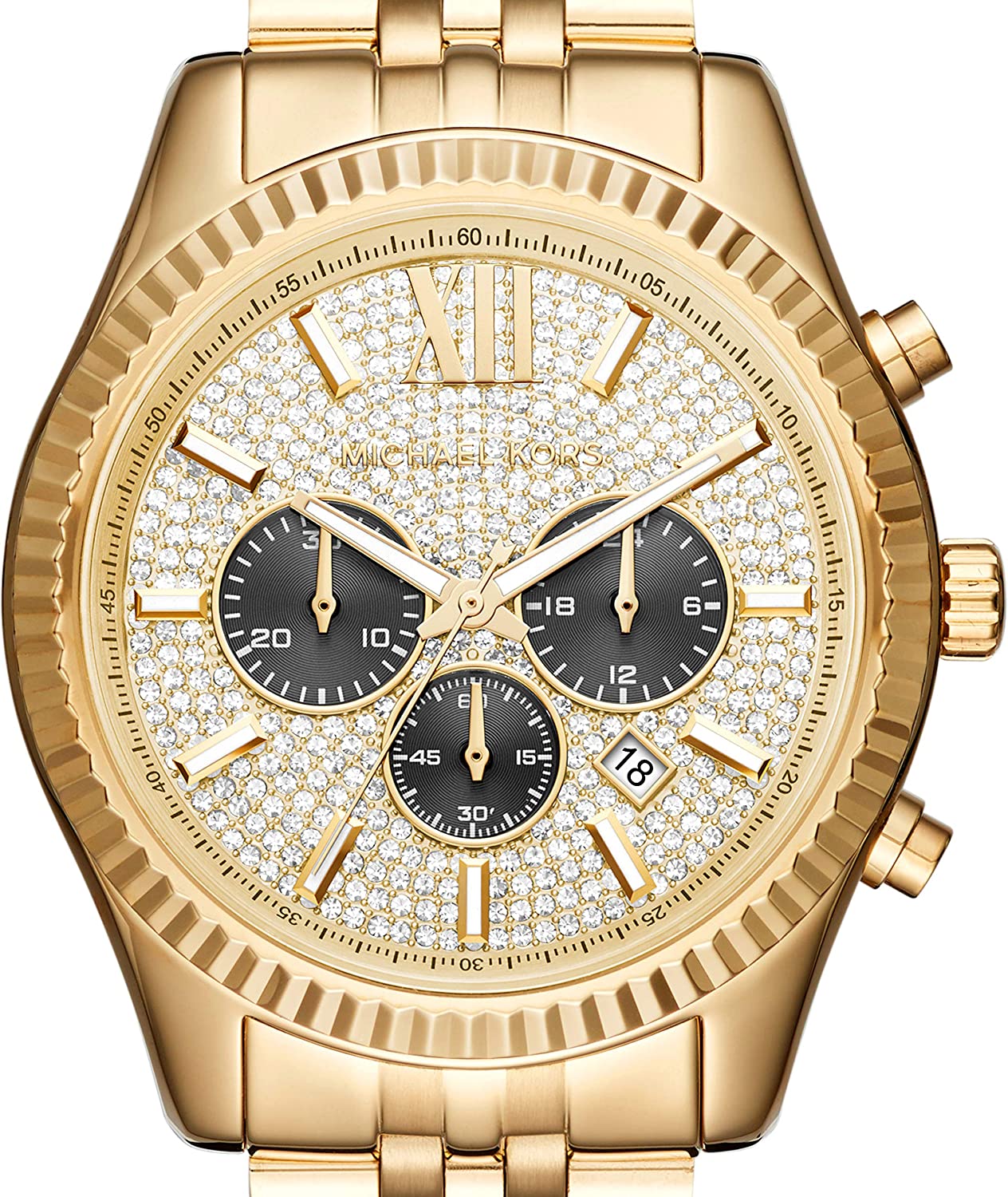 Michael Kors Lexington chronograph dial detail with Roman numerals and black subdials